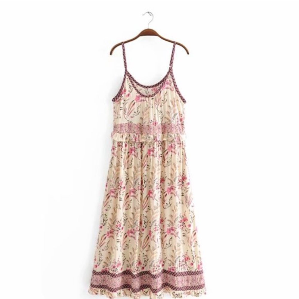 Bohemian Gypsy Cream Pink Floral Print Cami Midi Dress - Picture 4 of 4